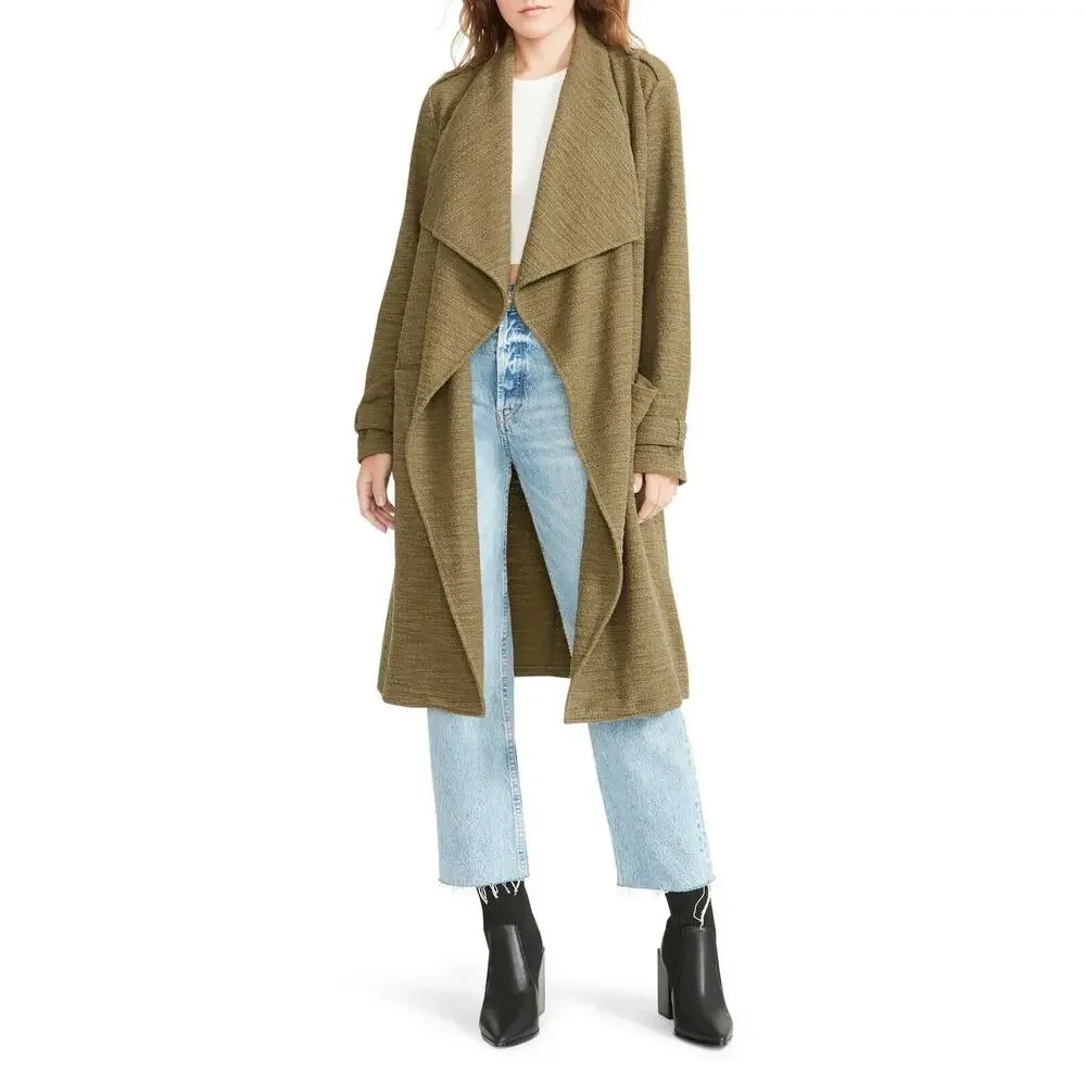 New BB Dakota Olive Green Revolution Drapey Boucle Trench Coat Size X Small